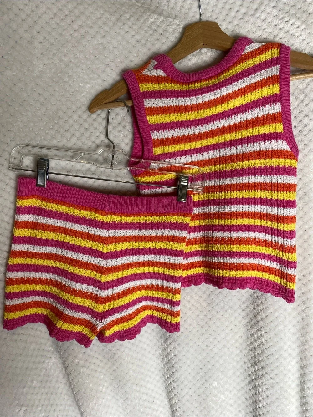 Jessica Simpson Hot Pink Yellow & White Striped Sweater Knit Tank and Shorts Set